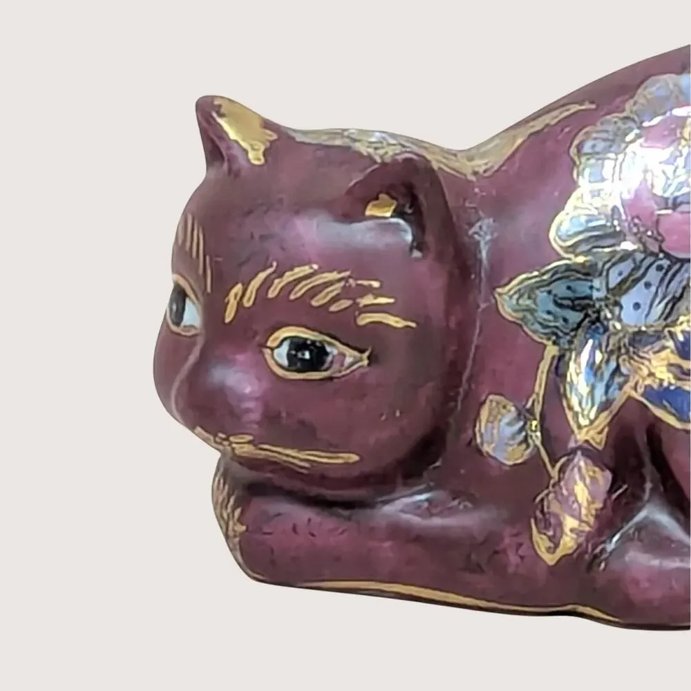 1980s FF Fine Florals Ceramic Cat Figurine Chinoiserie Style